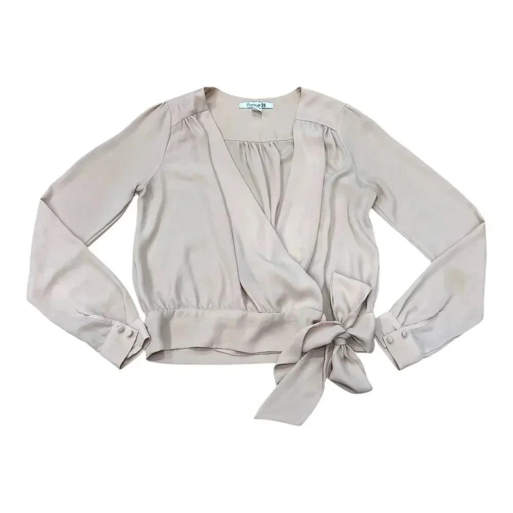 Forever 21 Beige Satin Plunge Wrap Tie Blouse S